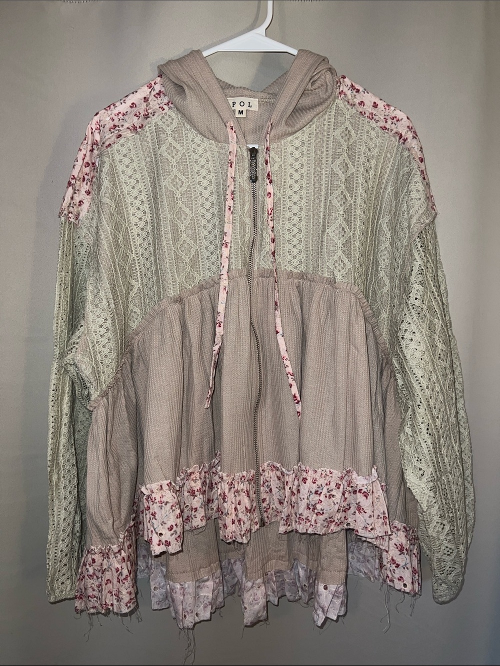 POL Mixed-Media Utility Jacket in Cream, Beige & Pink Floral